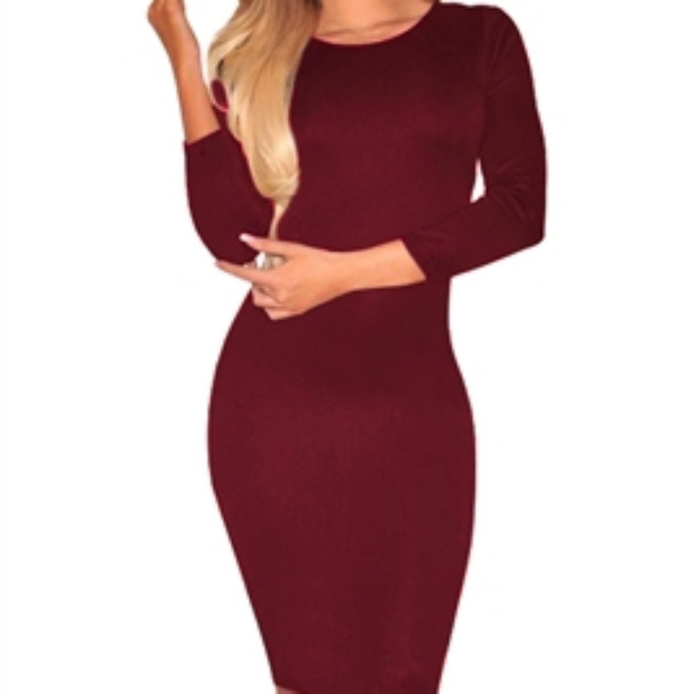 BURGUNDY LONG SLEEVE HOLLOW-OUT BACK DRESS